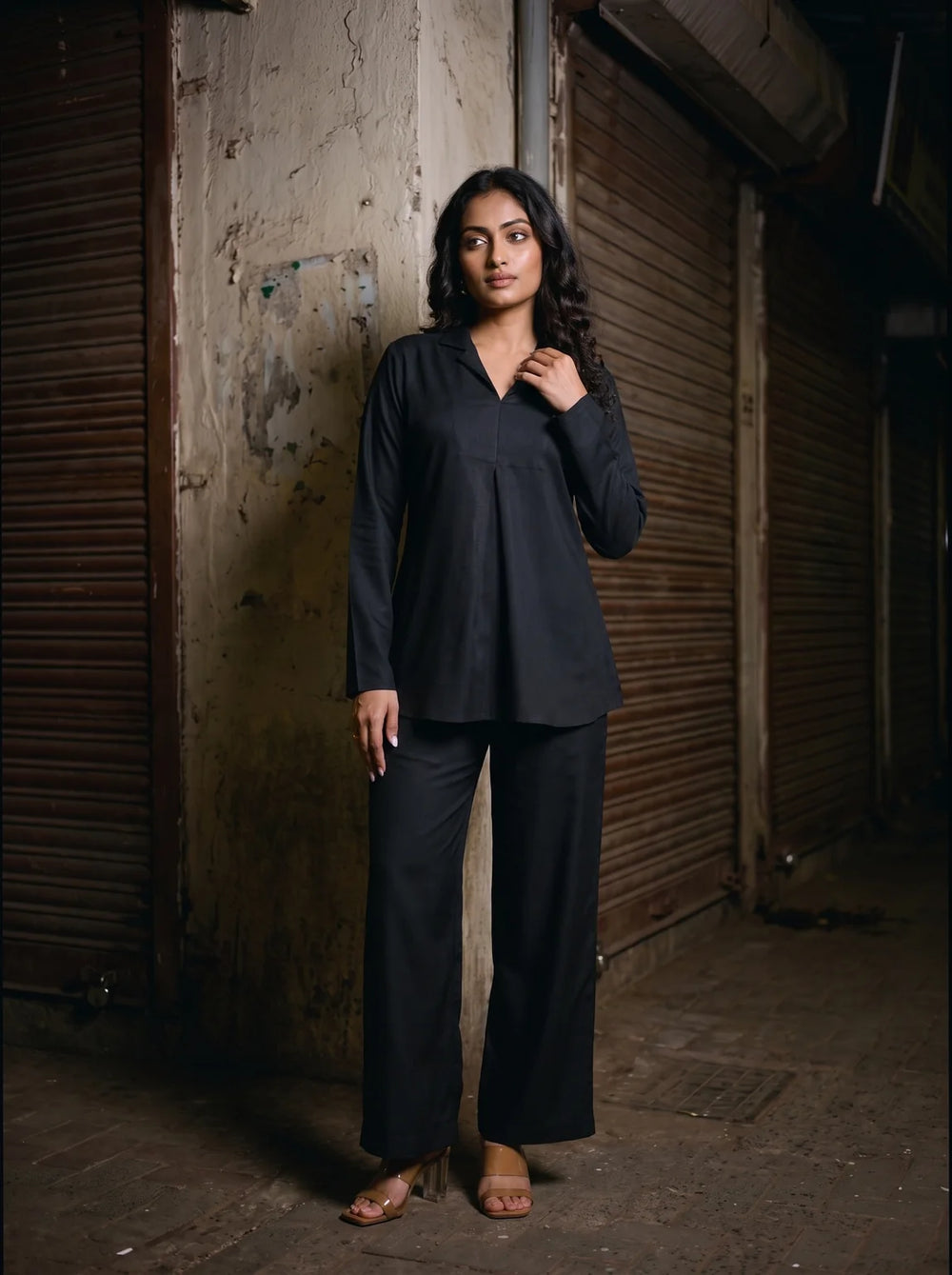 black solid viscose co ord set front full