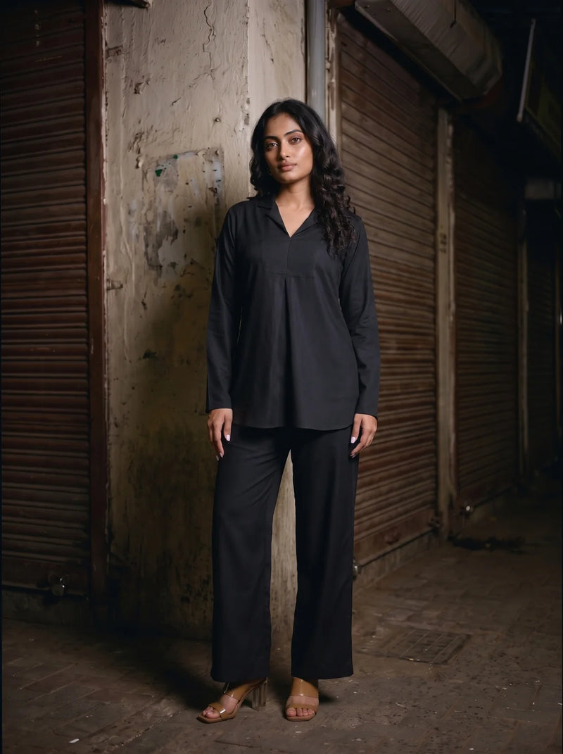 black solid viscose co ord set three quarter