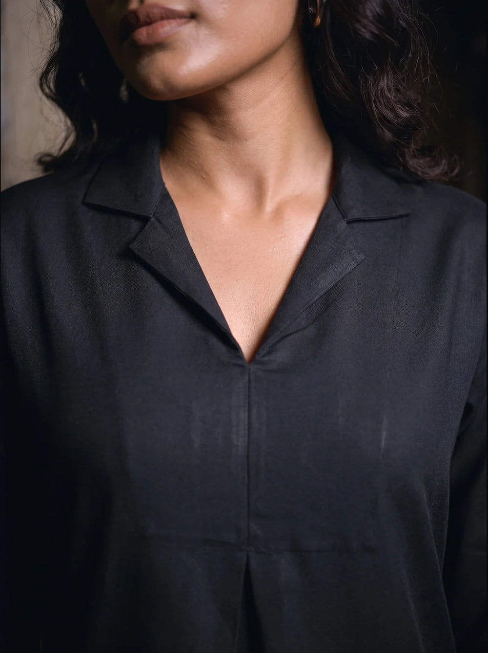 black solid viscose co ord top revere collar detail