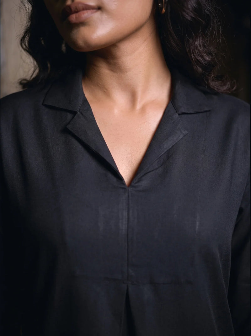 black solid viscose co ord top revere collar detail