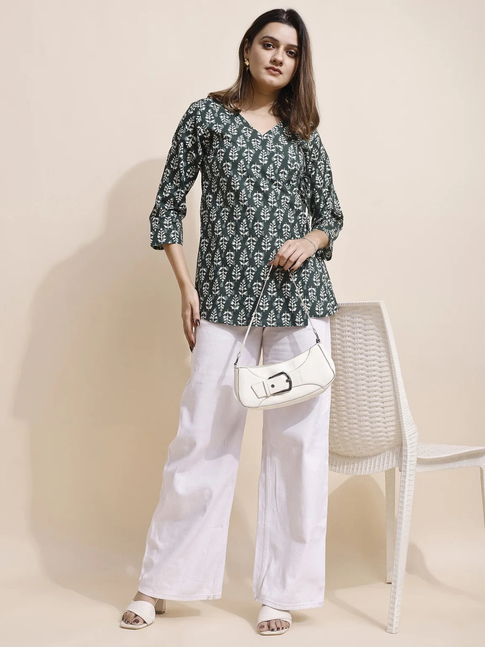 bottle green botanical print short kurti front