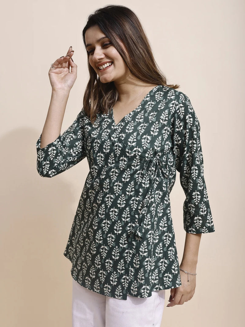 bottle green kurti angrakha tie up detail