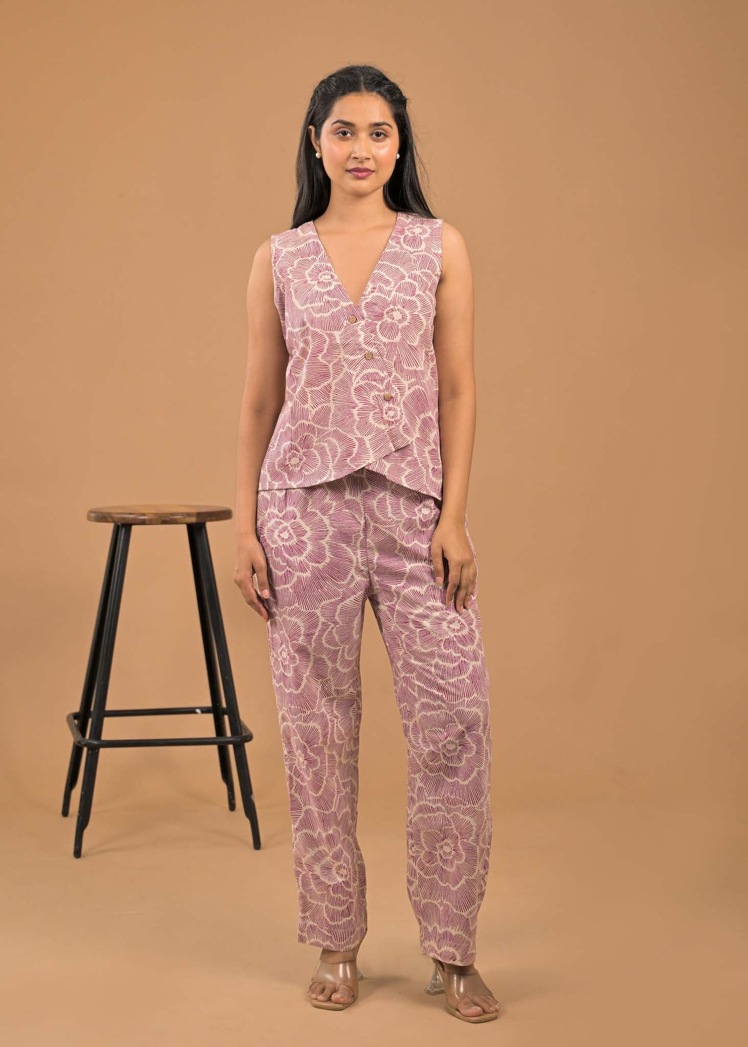 Pure Cotton Maroon Floral Co-ord Set Front