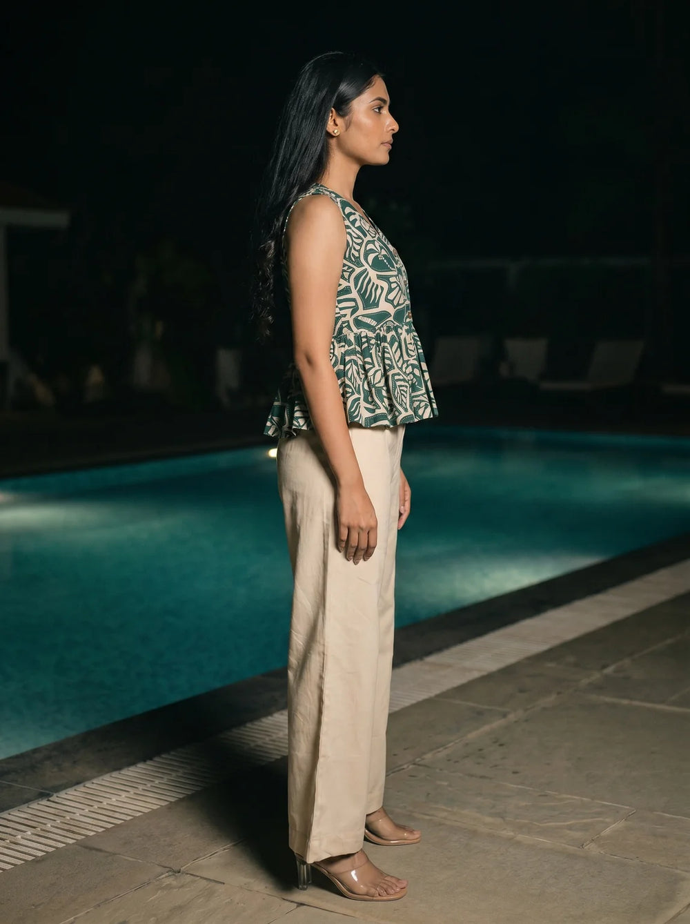 green botanical print peplum co ord set side