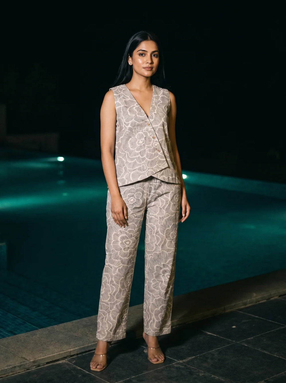 grey floral line art co ord set front full