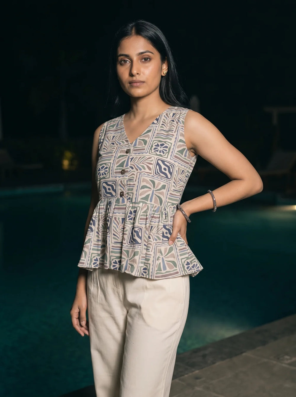 grey tropical tile print peplum co ord set three quarter