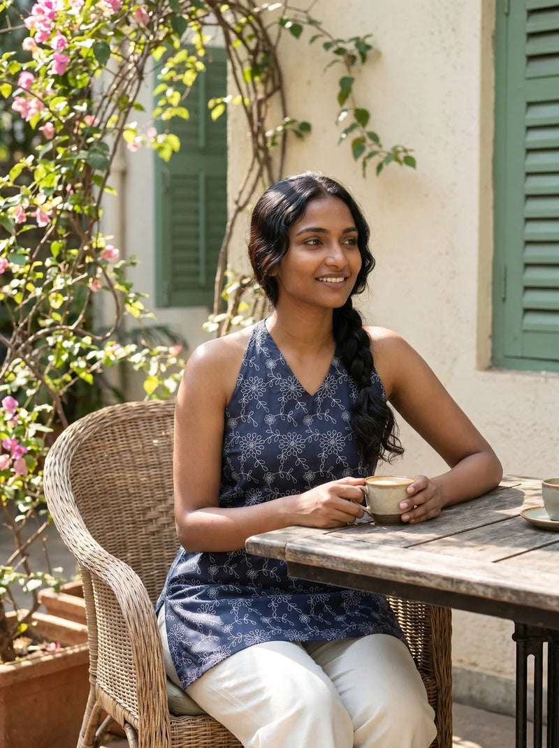 midnight blue floral print halter kurti cafe look
