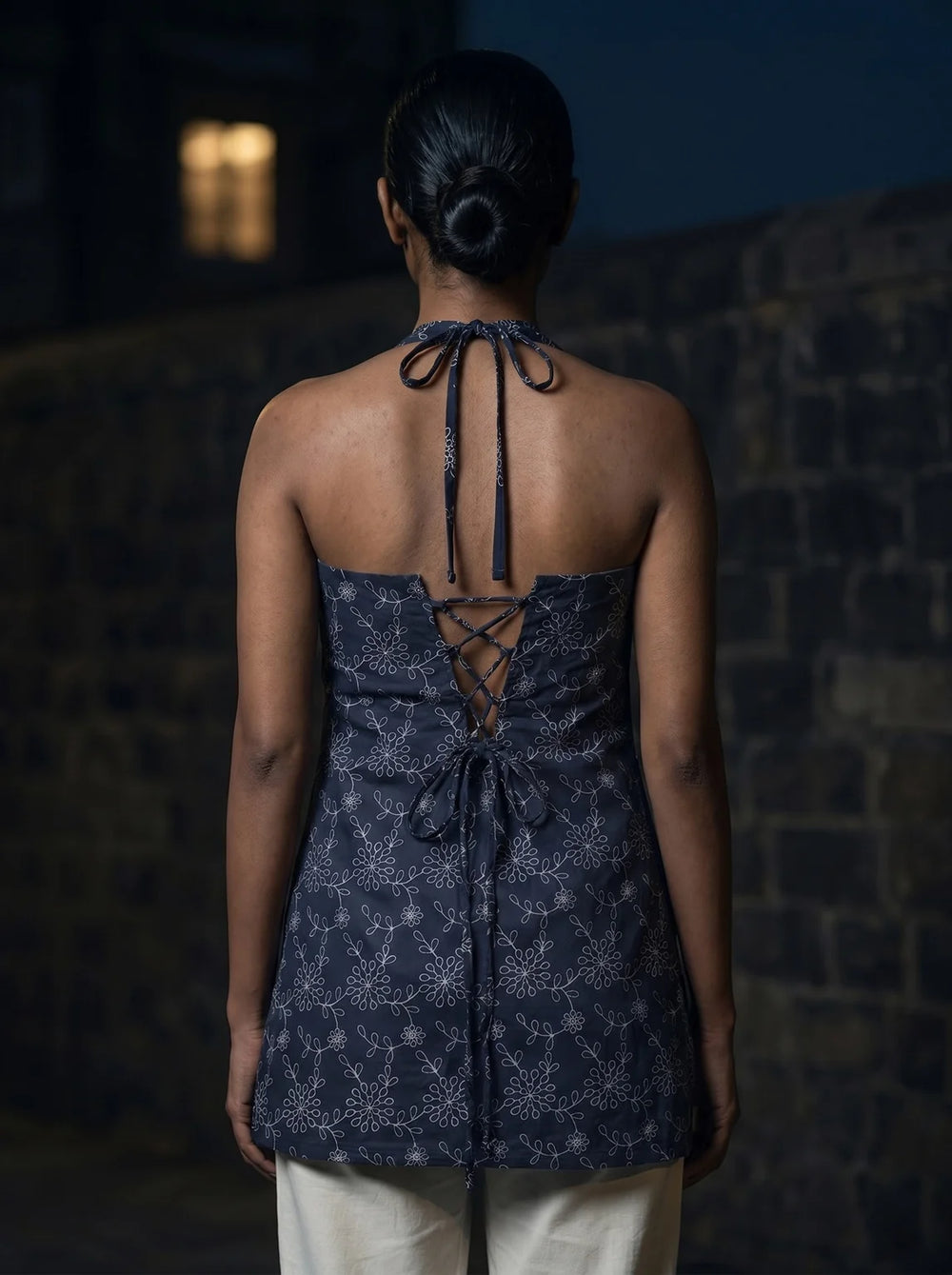 midnight blue floral print halter kurti lace up back