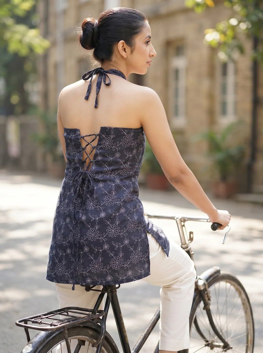 midnight blue floral print lace up back kurti bicycle look