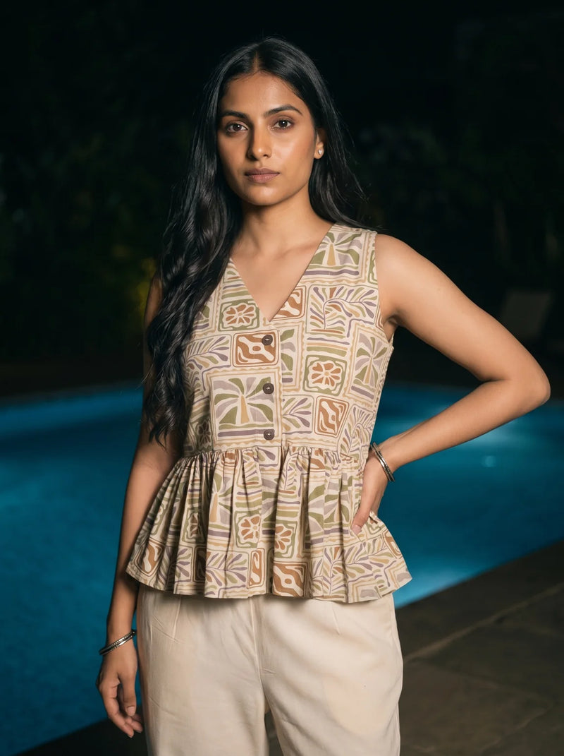 mustard tropical tile print peplum co ord set three quarter