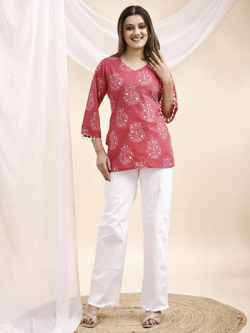 pink botanical print kurti front
