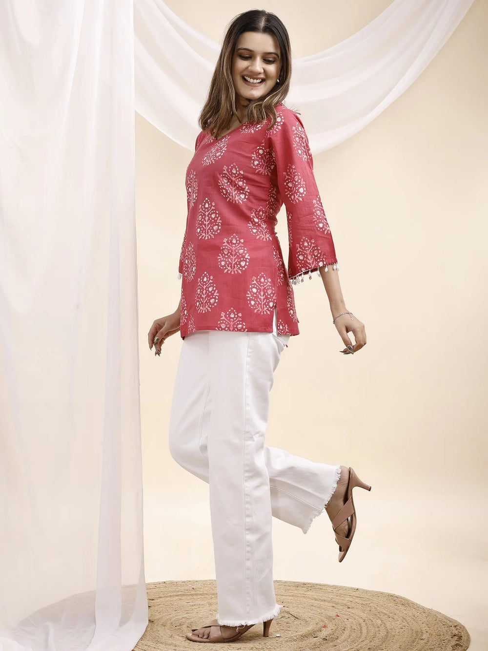 pink botanical print kurti side view