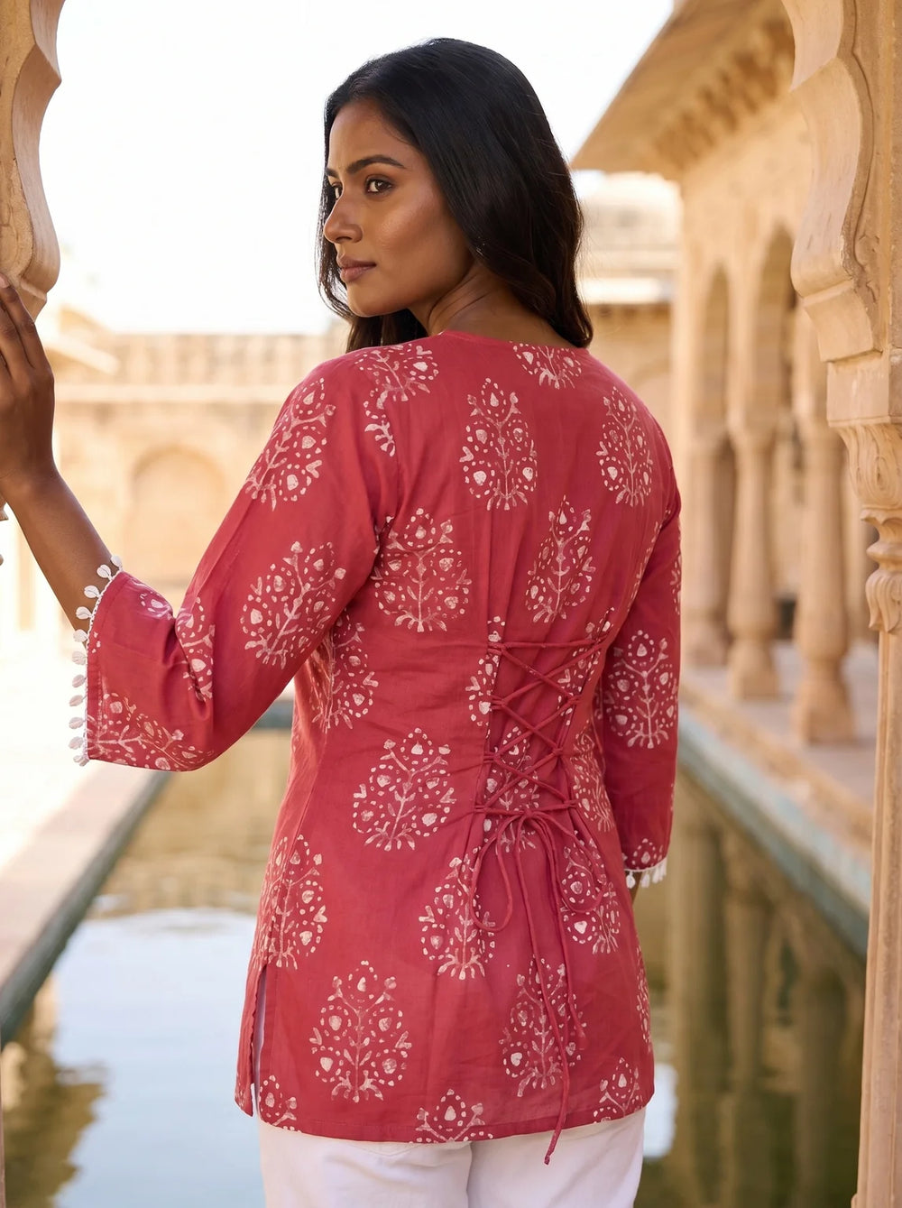 pink botanical print lace up back kurti palace look