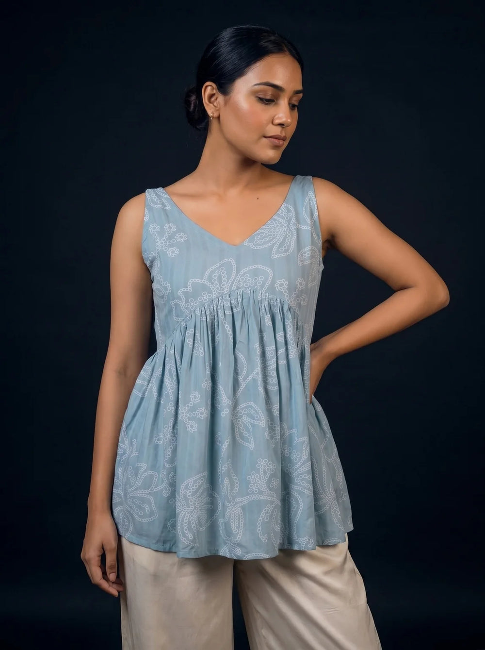 powder blue schiffli top secondary front view