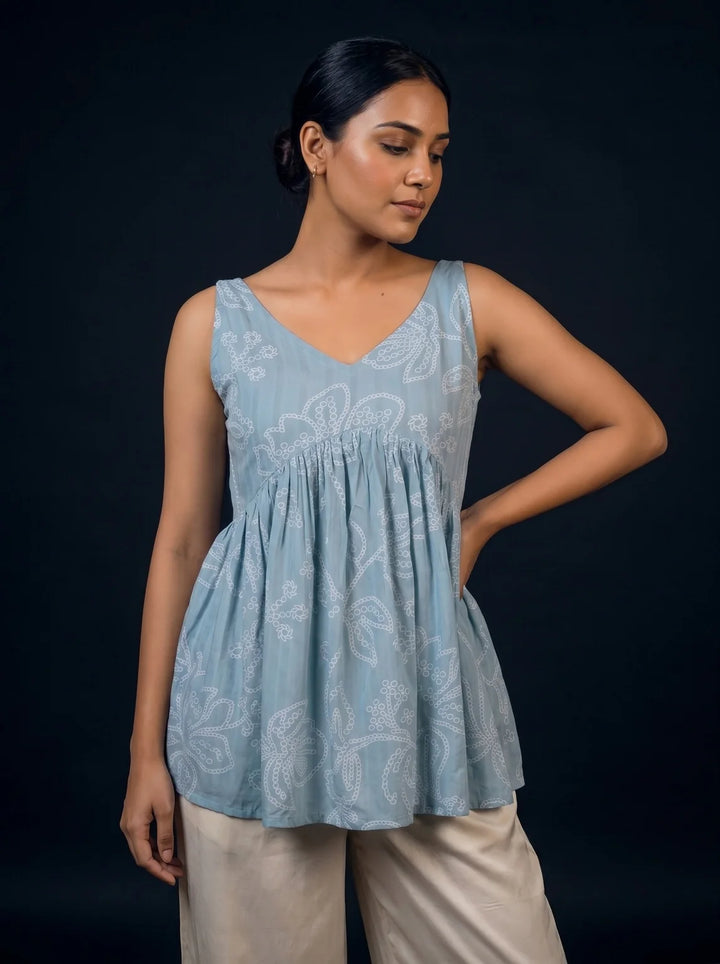 powder blue schiffli top secondary front view