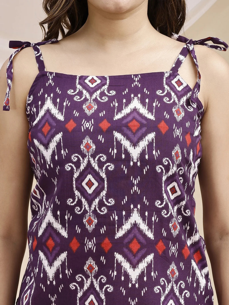 purple ikat kurti square neckline closeup