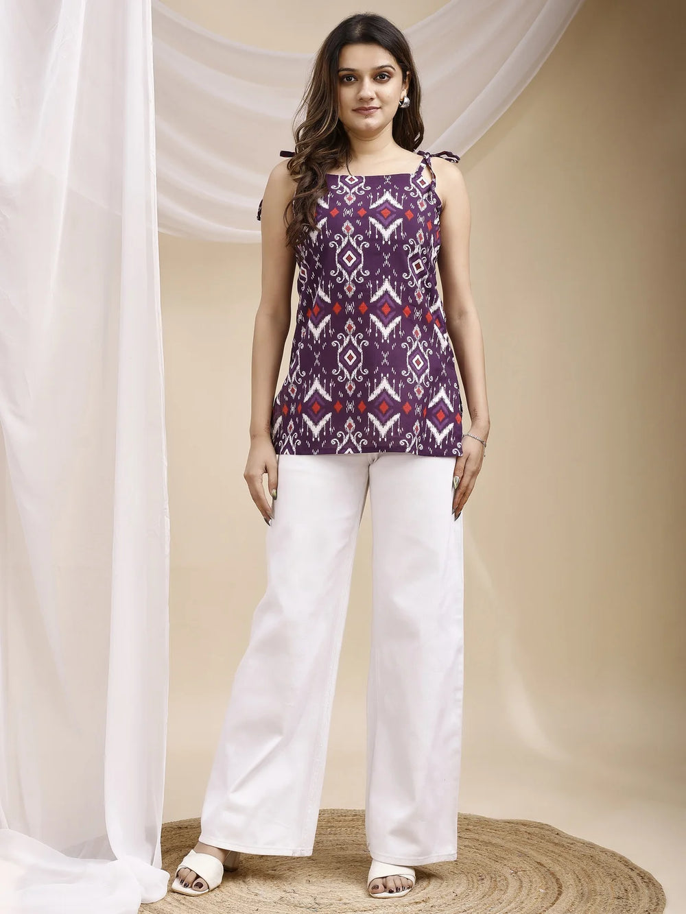 purple ikat strappy short kurti front