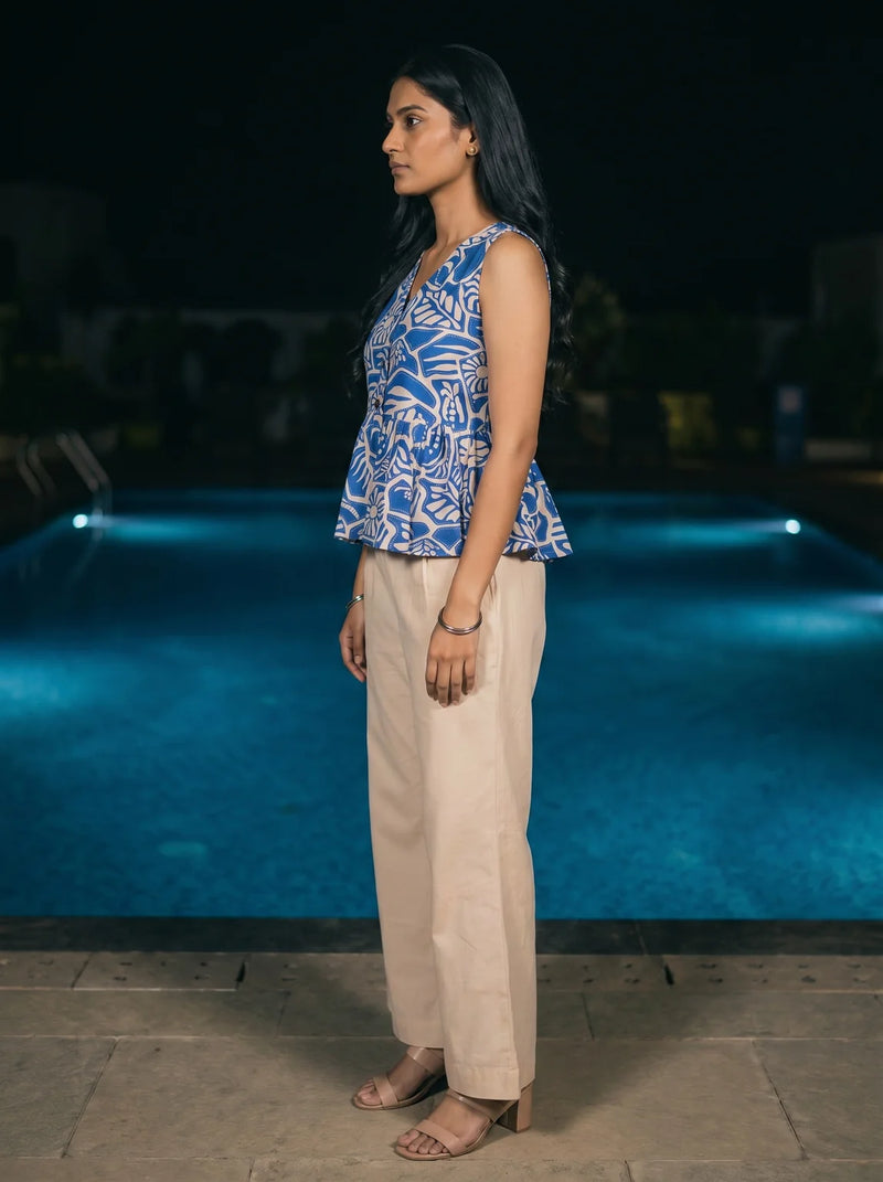 royal blue botanical print peplum co ord set side