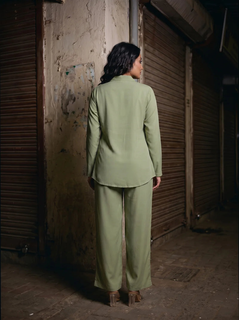 sage green solid viscose co ord set back