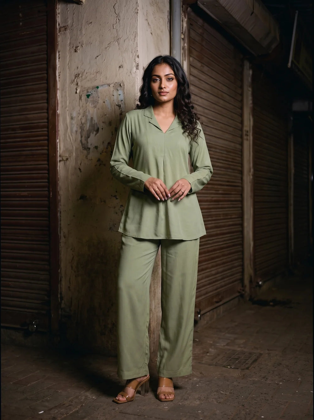 sage green solid viscose co ord set front full