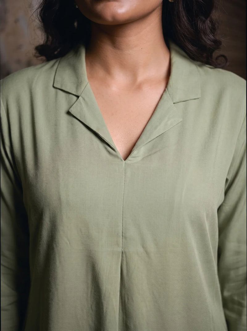 sage green solid viscose co ord top revere collar detail