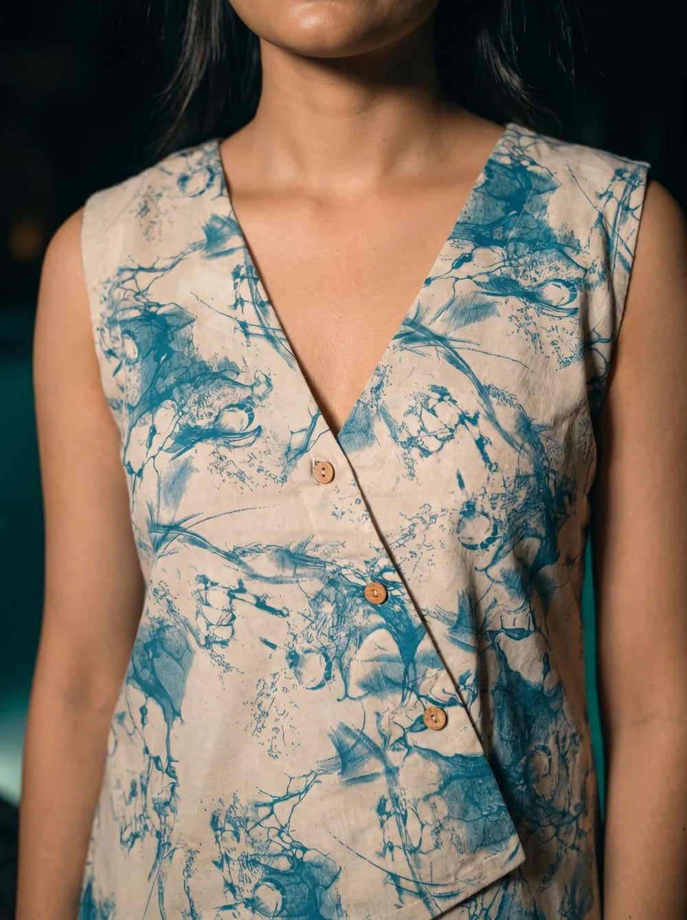 teal abstract co ord set v neck button detail