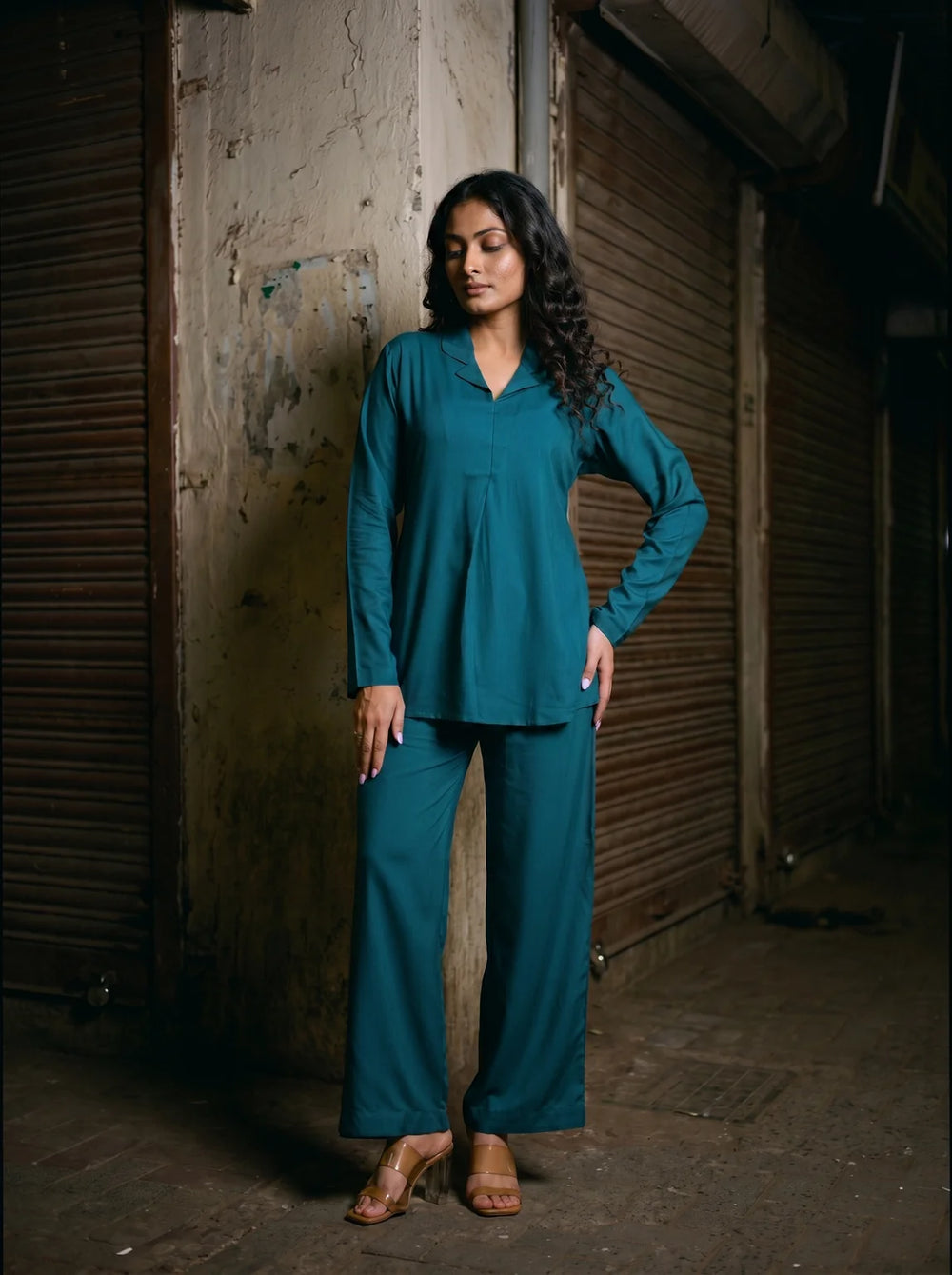 teal solid viscose co ord set front relaxed