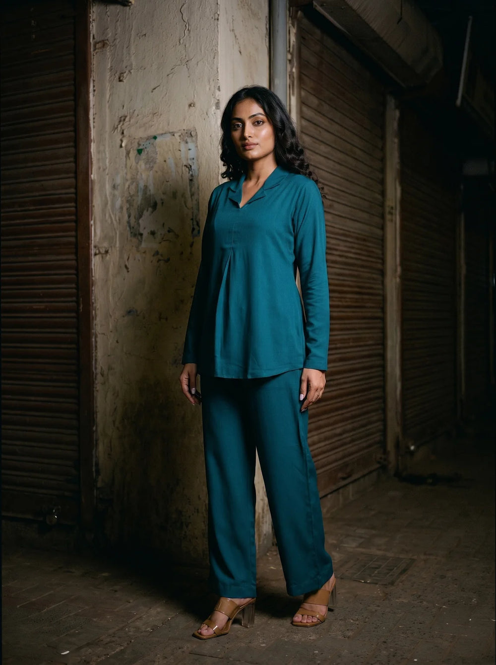 teal solid viscose co ord set three quarter