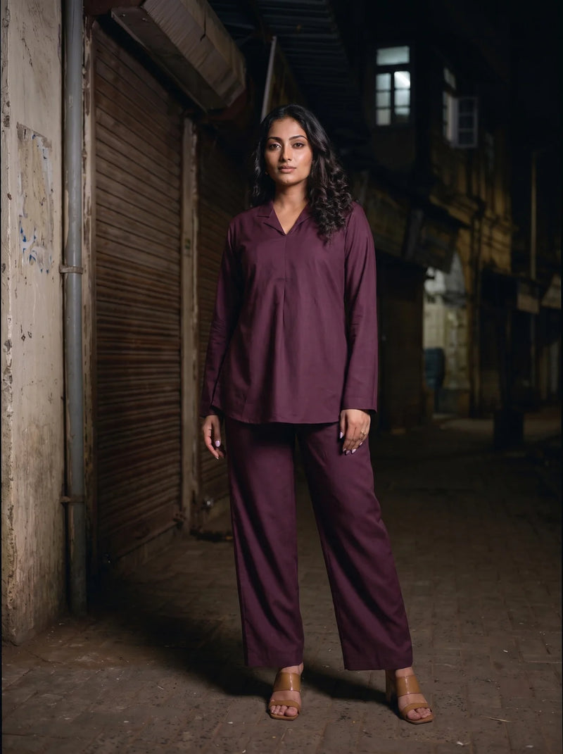 wine solid viscose co ord set three quarter