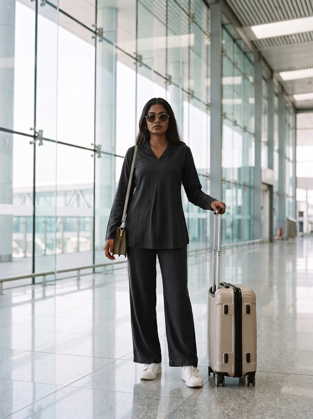 woman in black solid viscose co ord set by a shutter