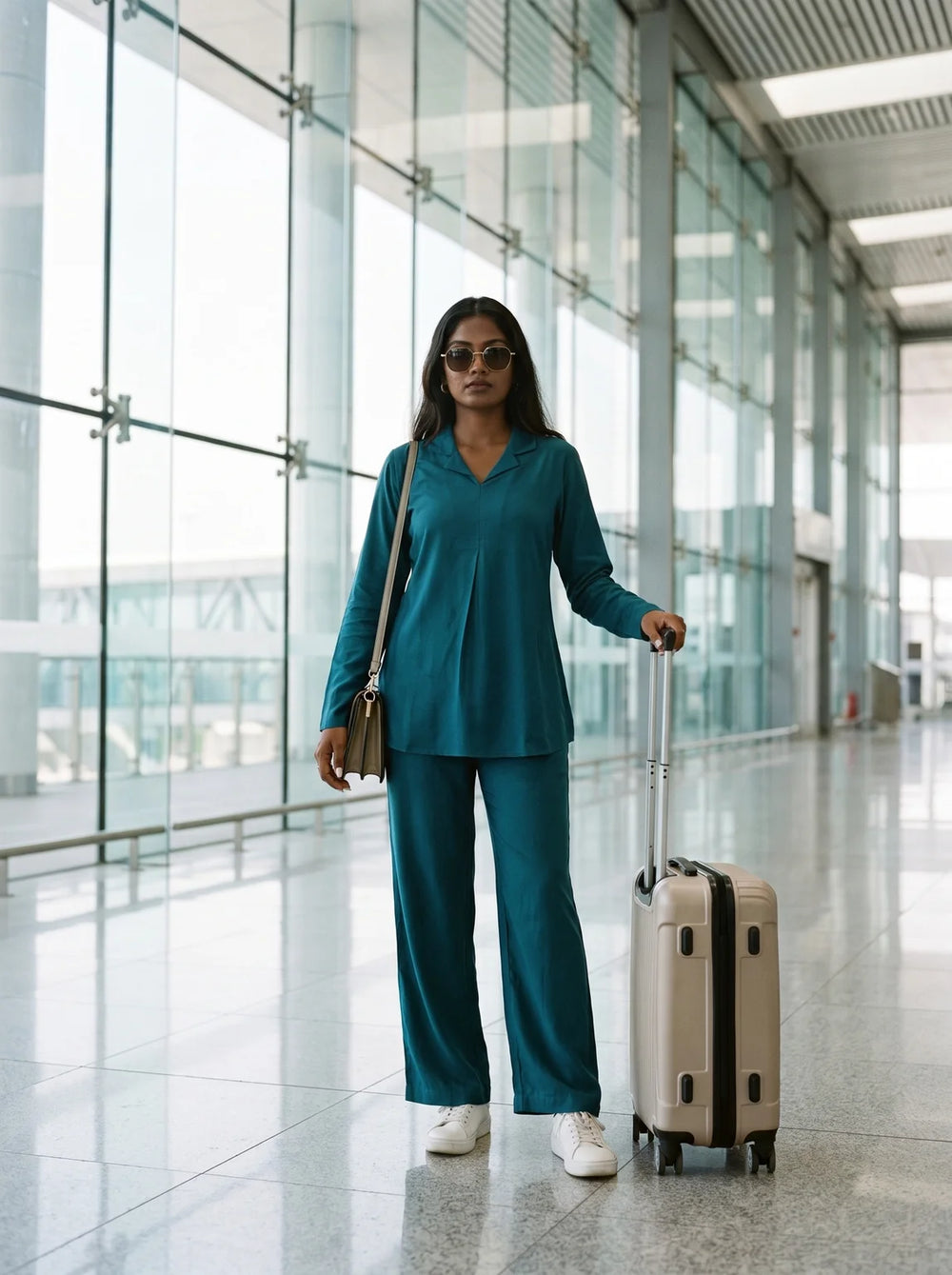 woman in teal solid viscose co ord set by a shutter
