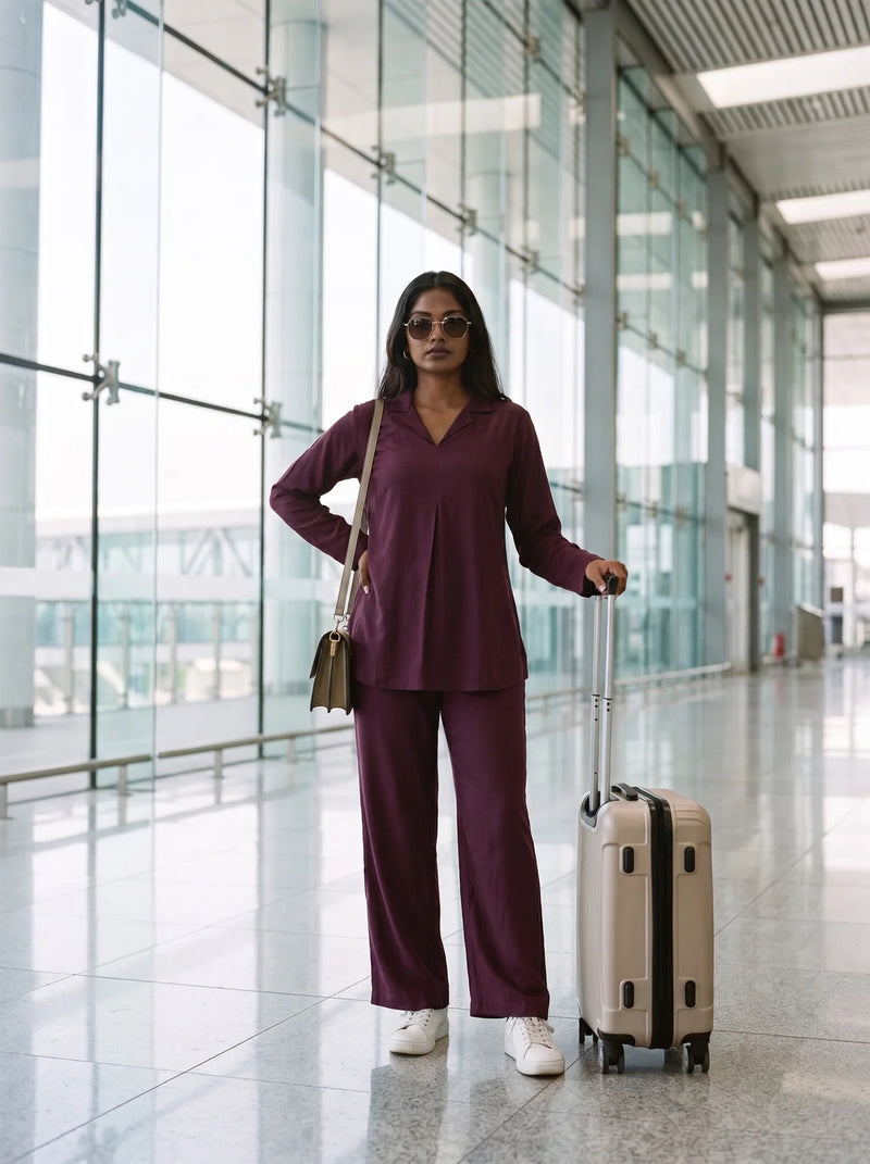 woman in wine solid viscose co ord set by a shutter