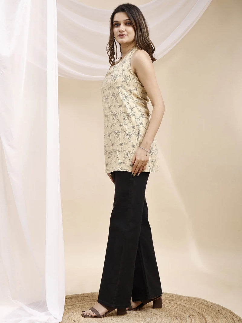 beige floral print kurti side view