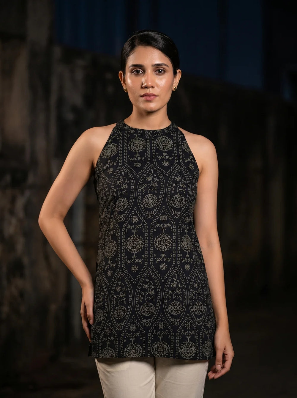 black gold ethnic print halter kurti
