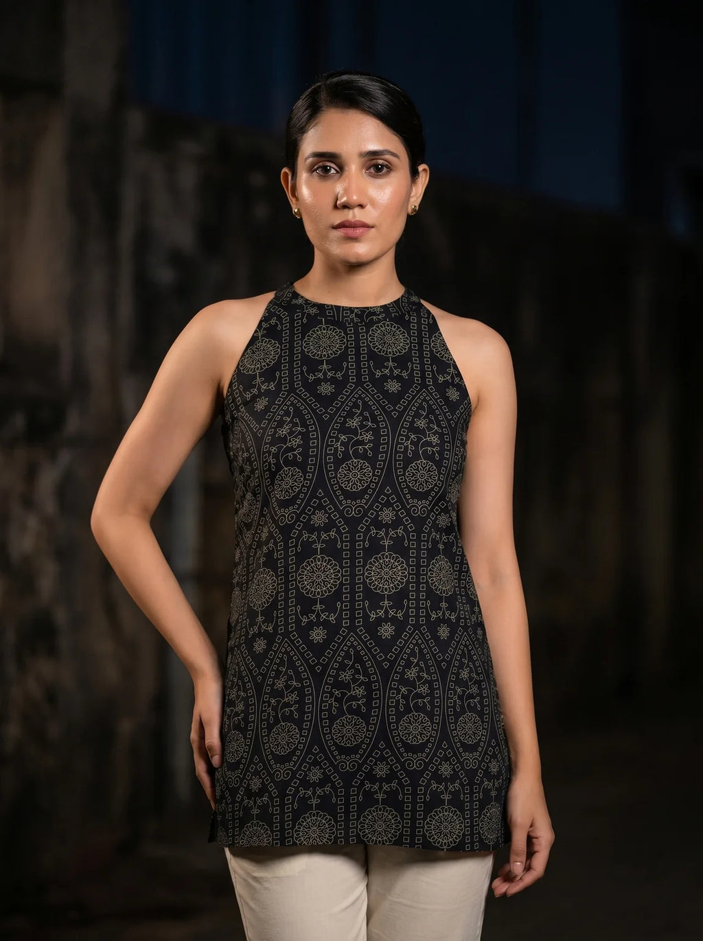 black gold ethnic print halter kurti
