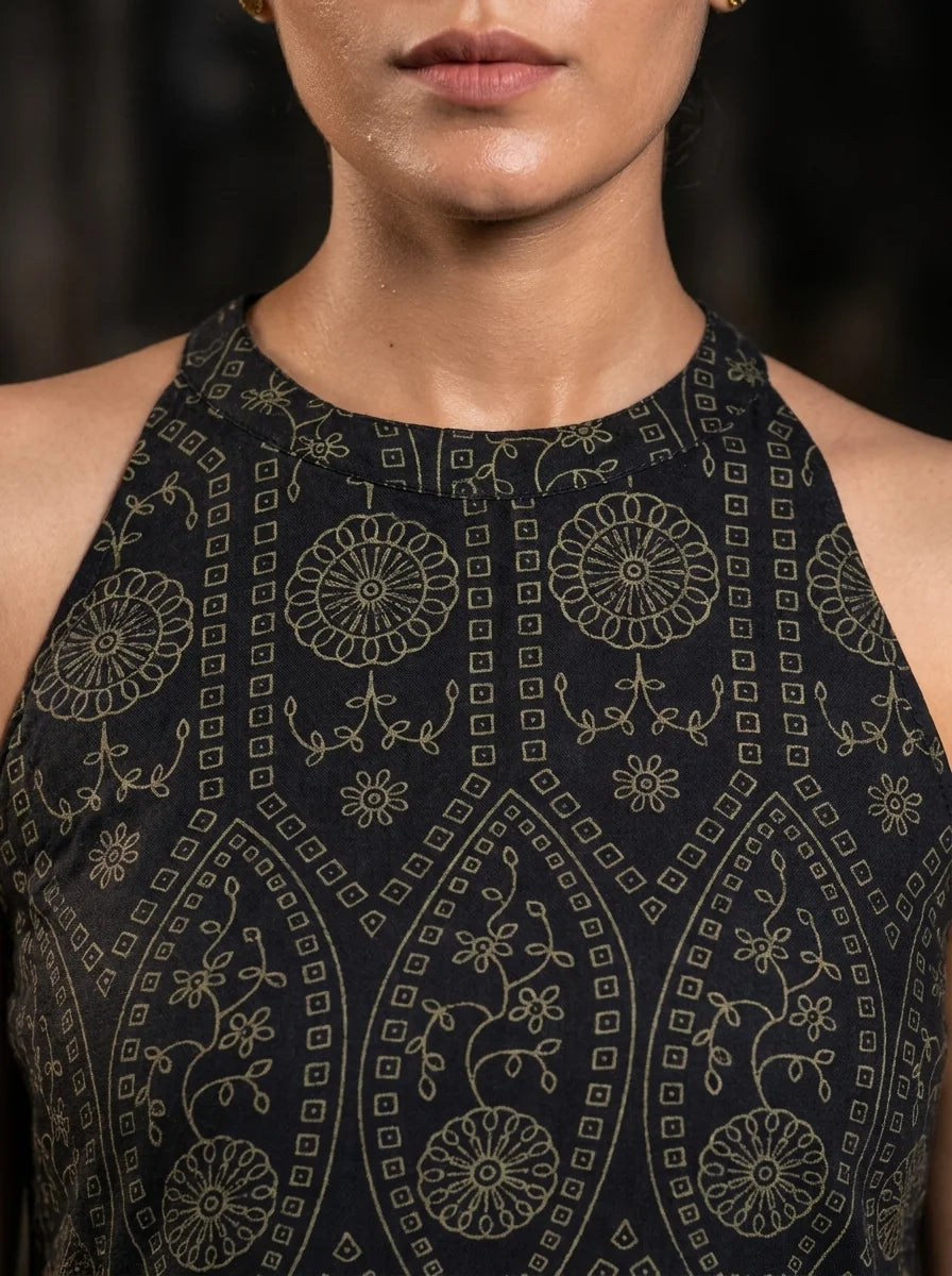 black gold ethnic print halter neckline