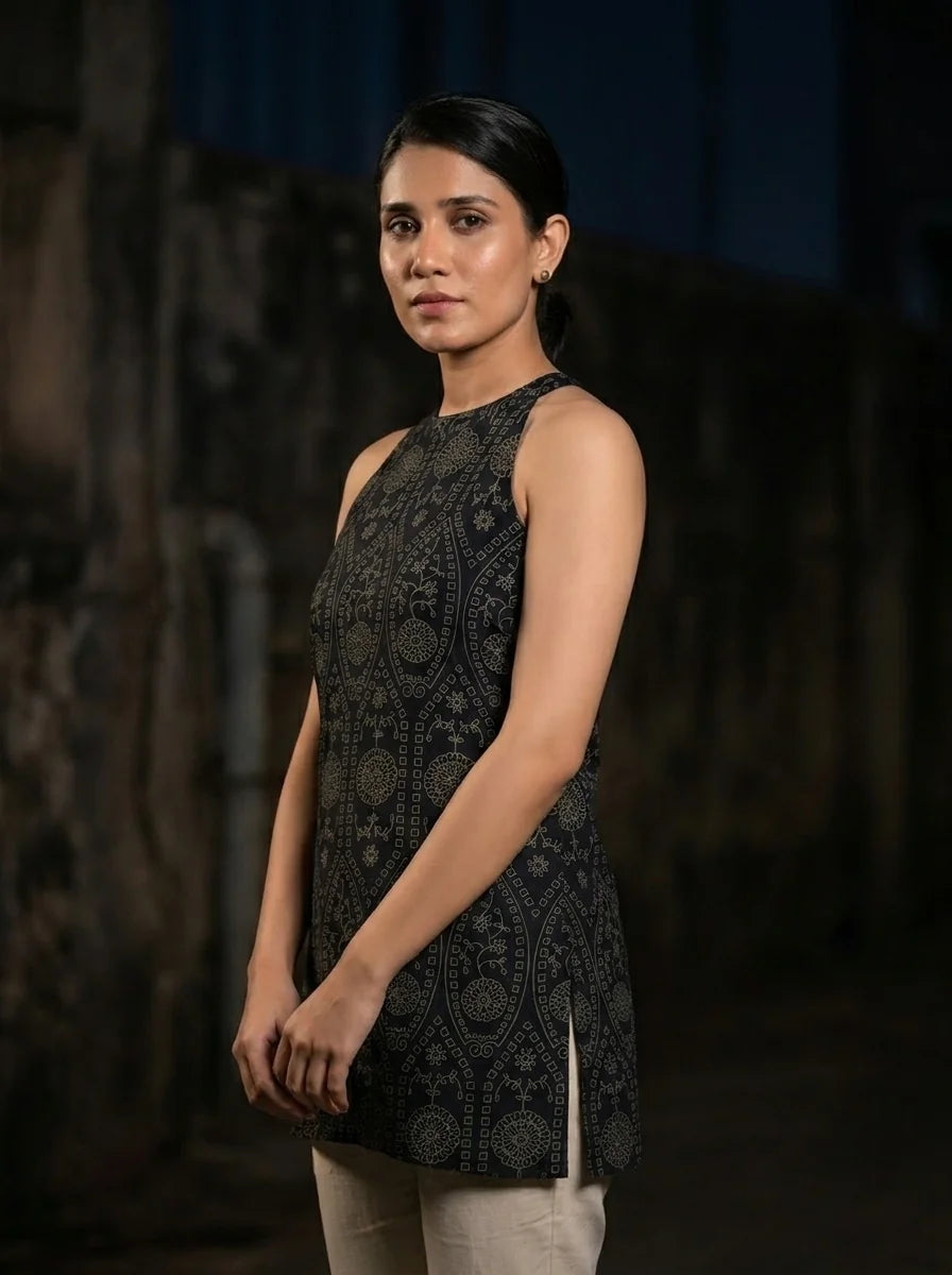 black gold ethnic print kurti three quarter