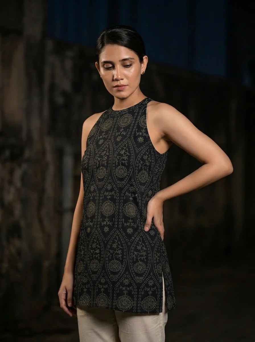 black gold halter kurti front