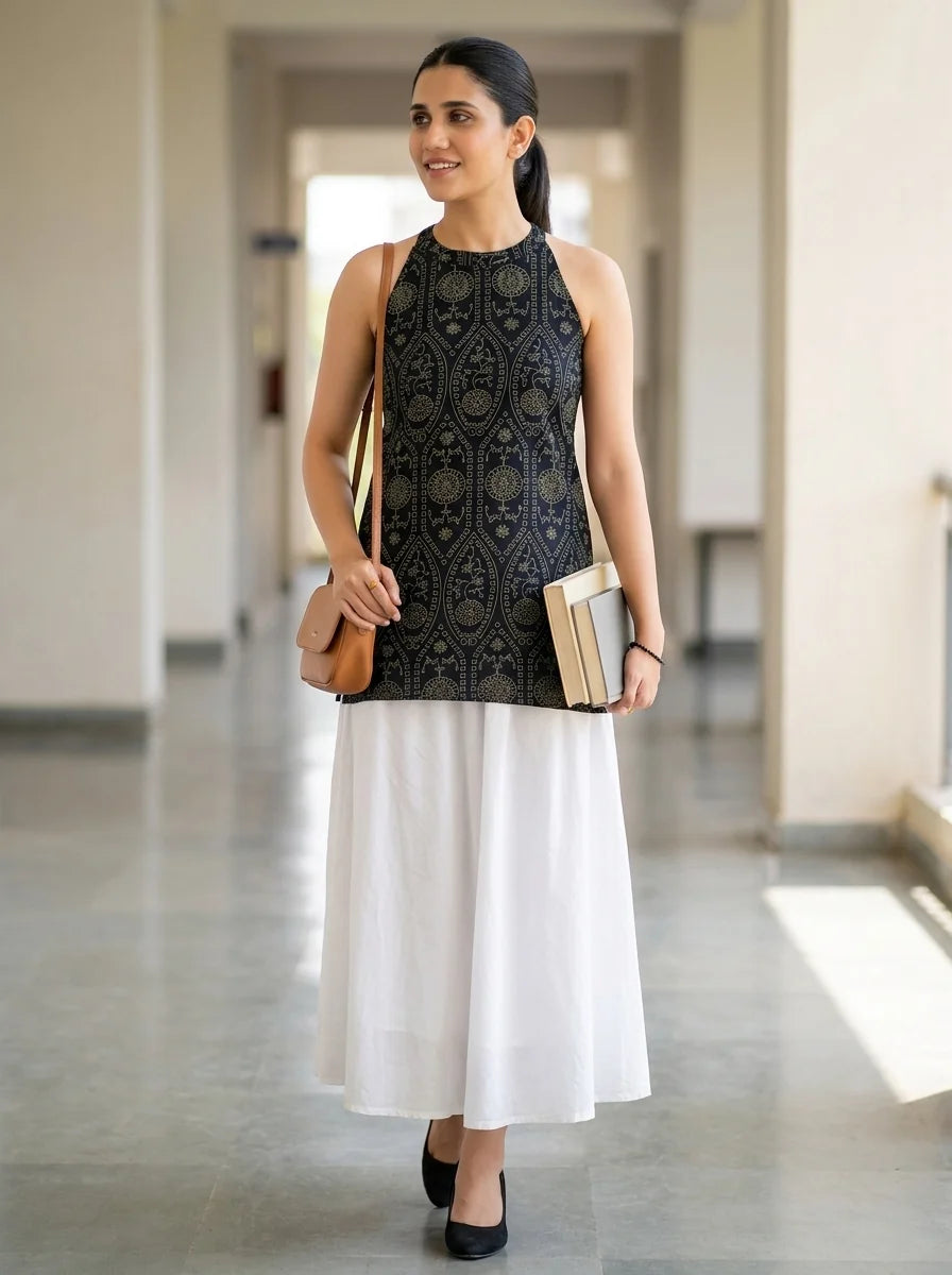 black gold halter kurti styled with white skirt
