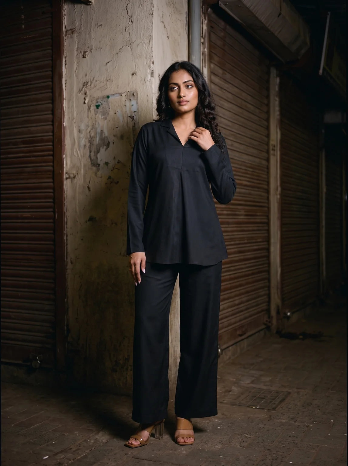 black solid viscose co ord set front full