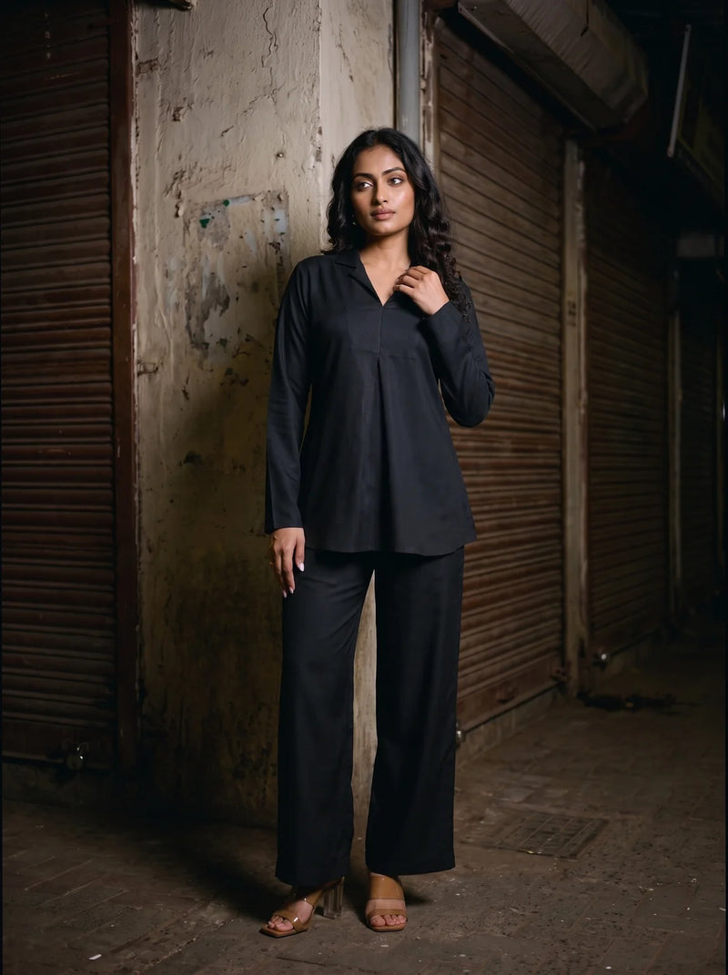 black solid viscose co ord set front full