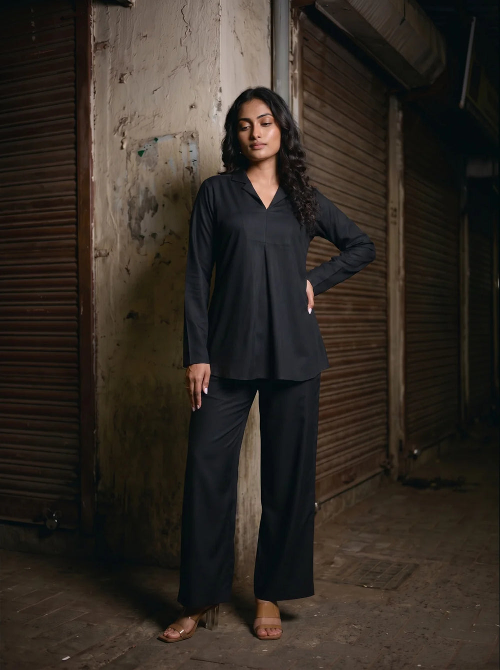 black solid viscose co ord set front relaxed