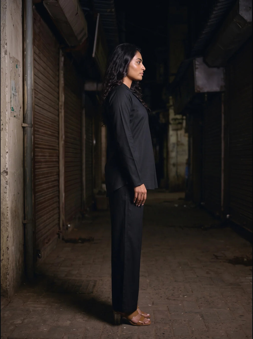 black solid viscose co ord set side