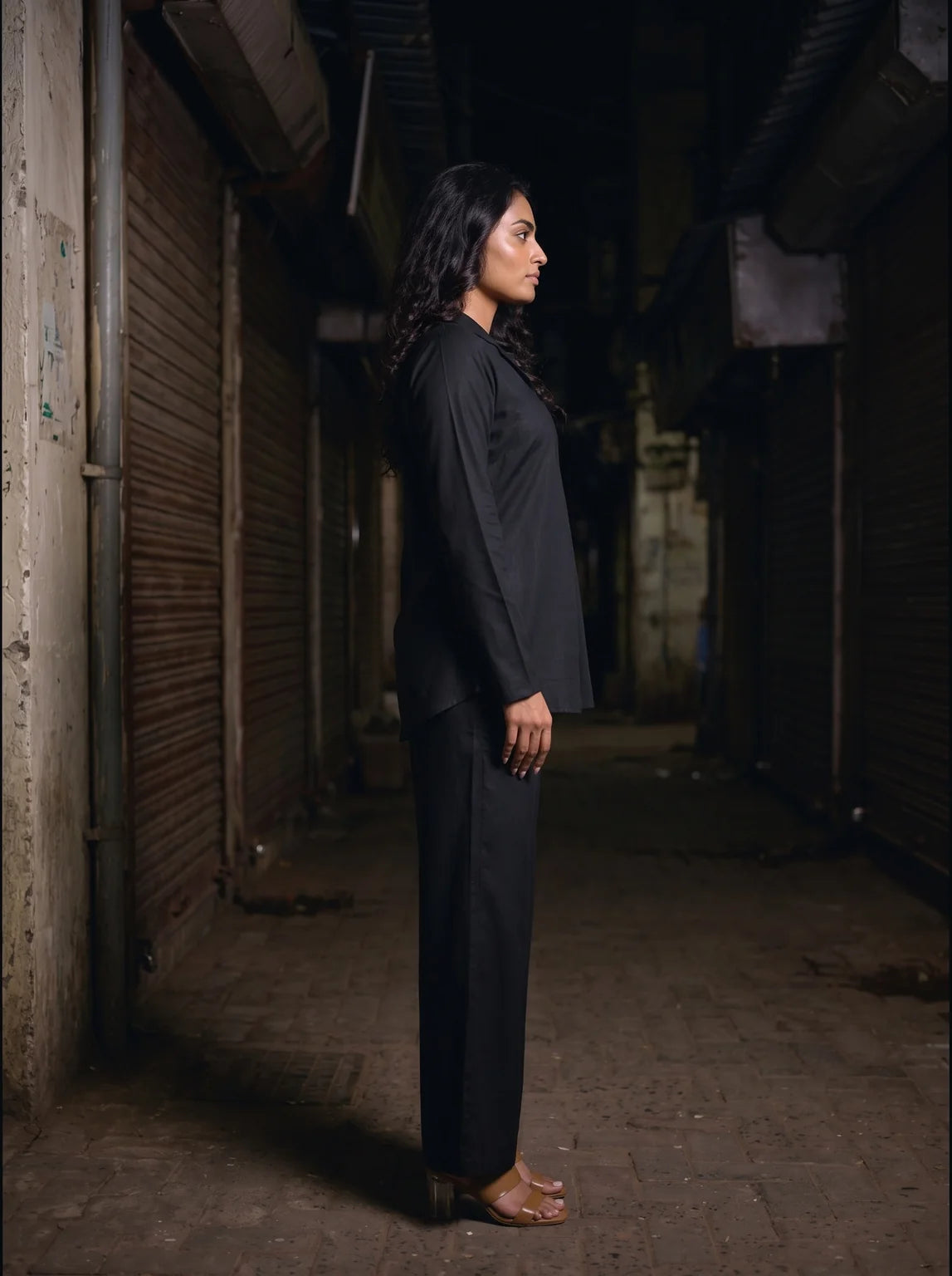 black solid viscose co ord set side