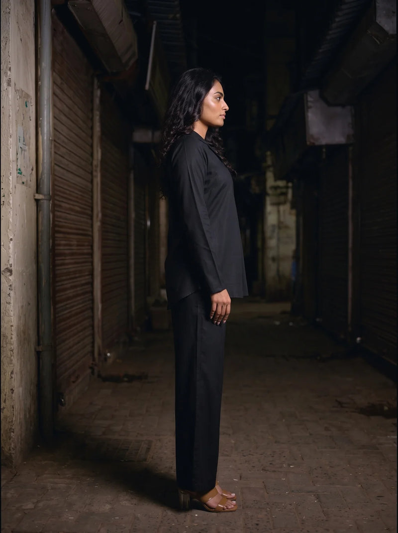 black solid viscose co ord set side