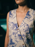 blue abstract co ord set v neck button detail