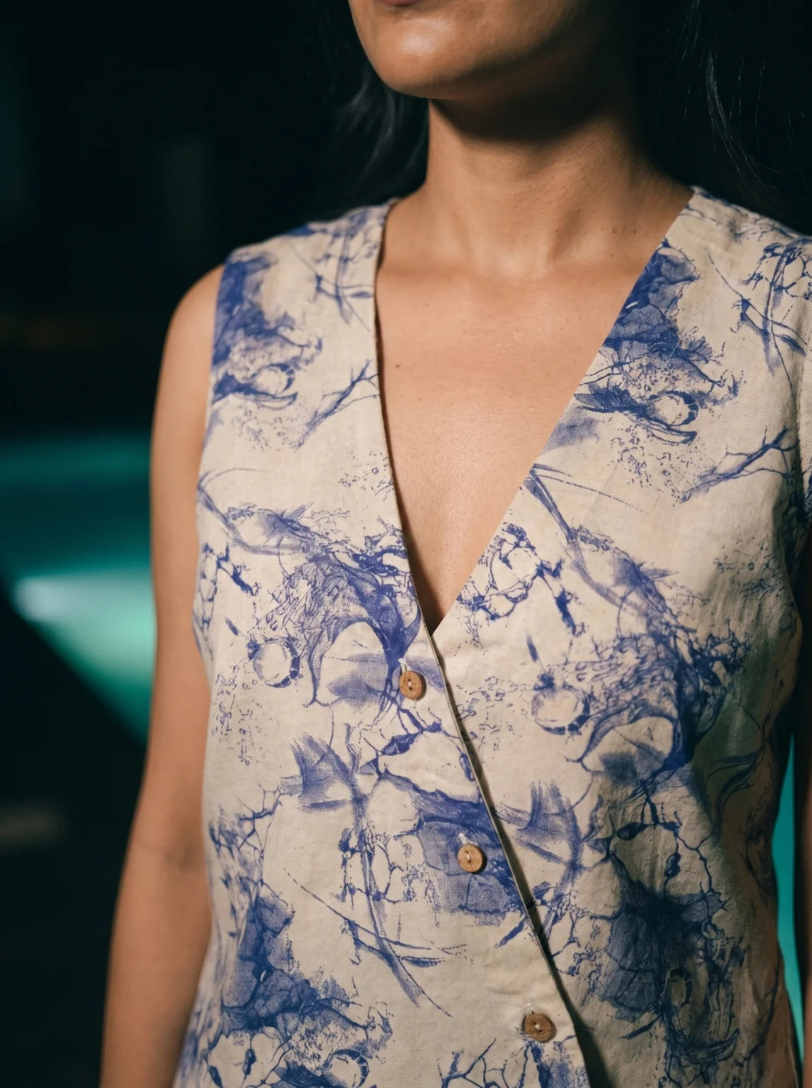 blue abstract co ord set v neck button detail