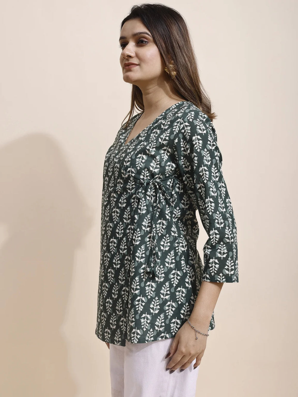 bottle green botanical kurti side view