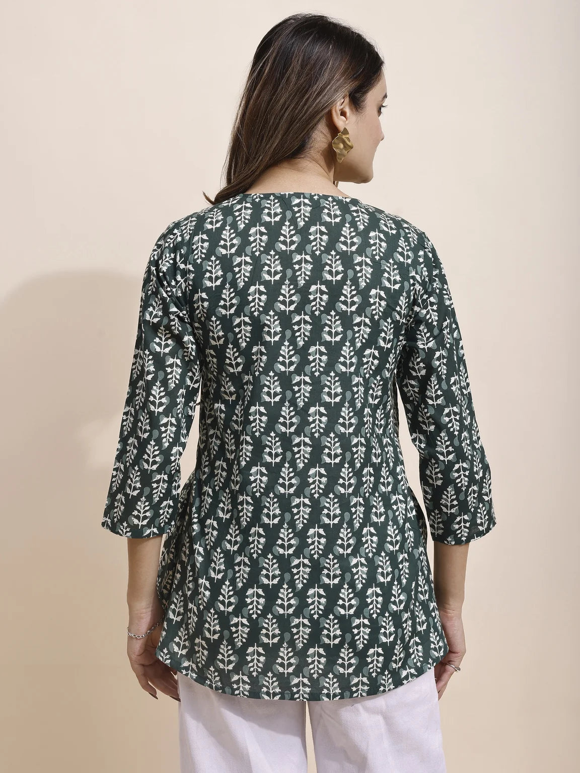 bottle green botanical print kurti back