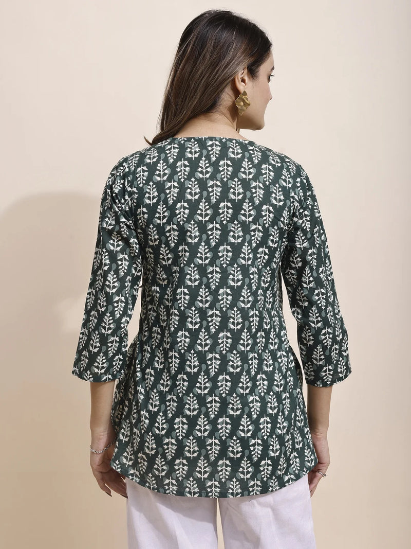 bottle green botanical print kurti back